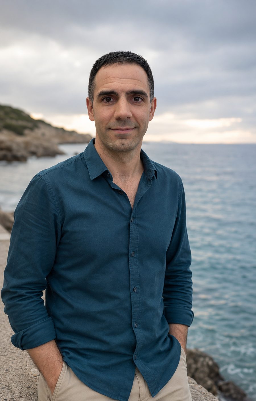 Ángel Amores junto al mar Mediterráneo